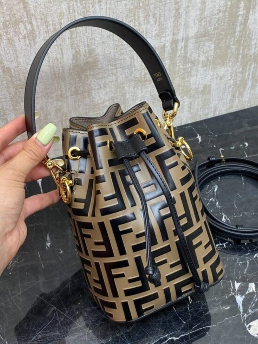 Fendi Mon Tresor Mini Bucket Bag Leather Log Monogram Brown